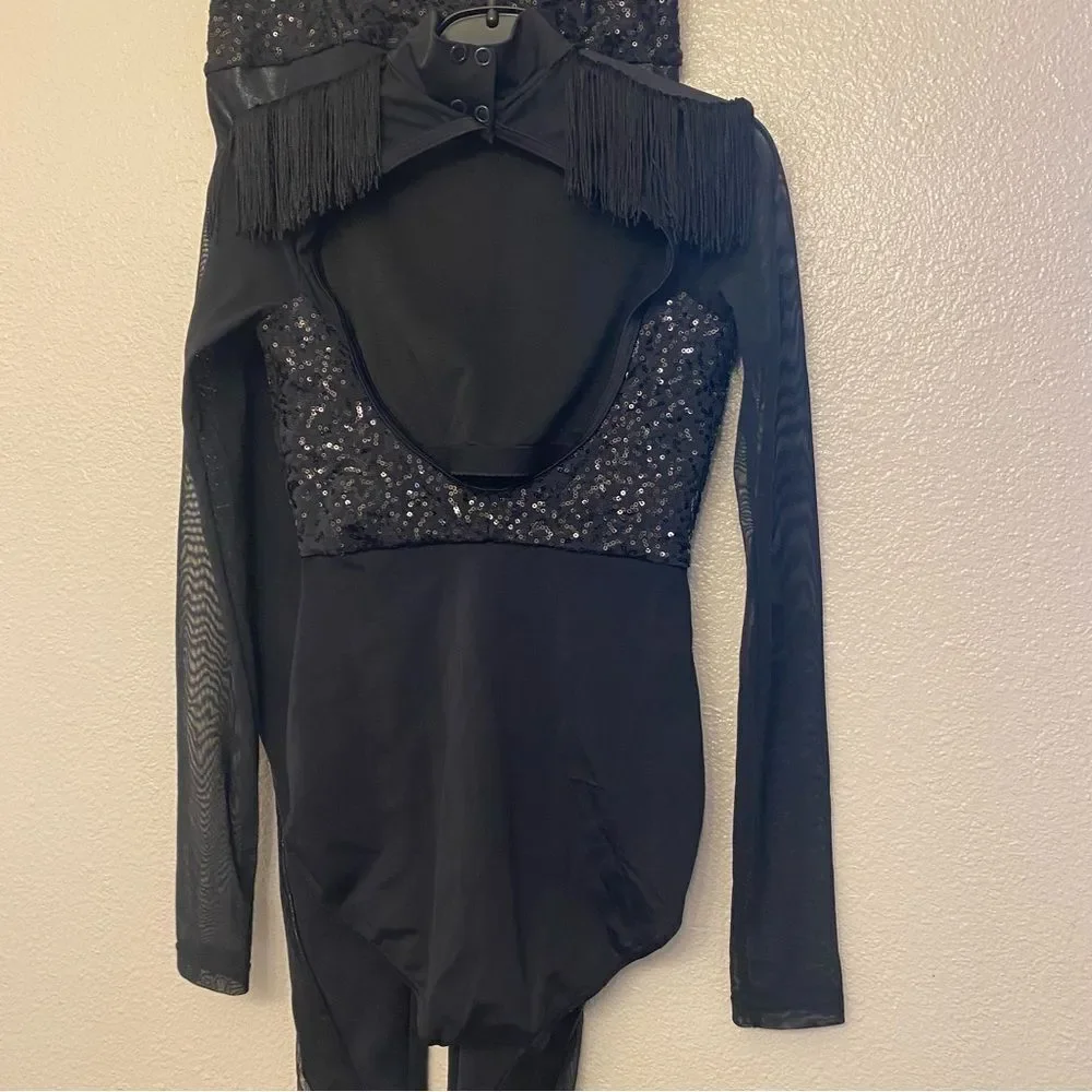 Weissman Dance costume black sequin Fringe Shoulder Leotard pants MT11429 SA